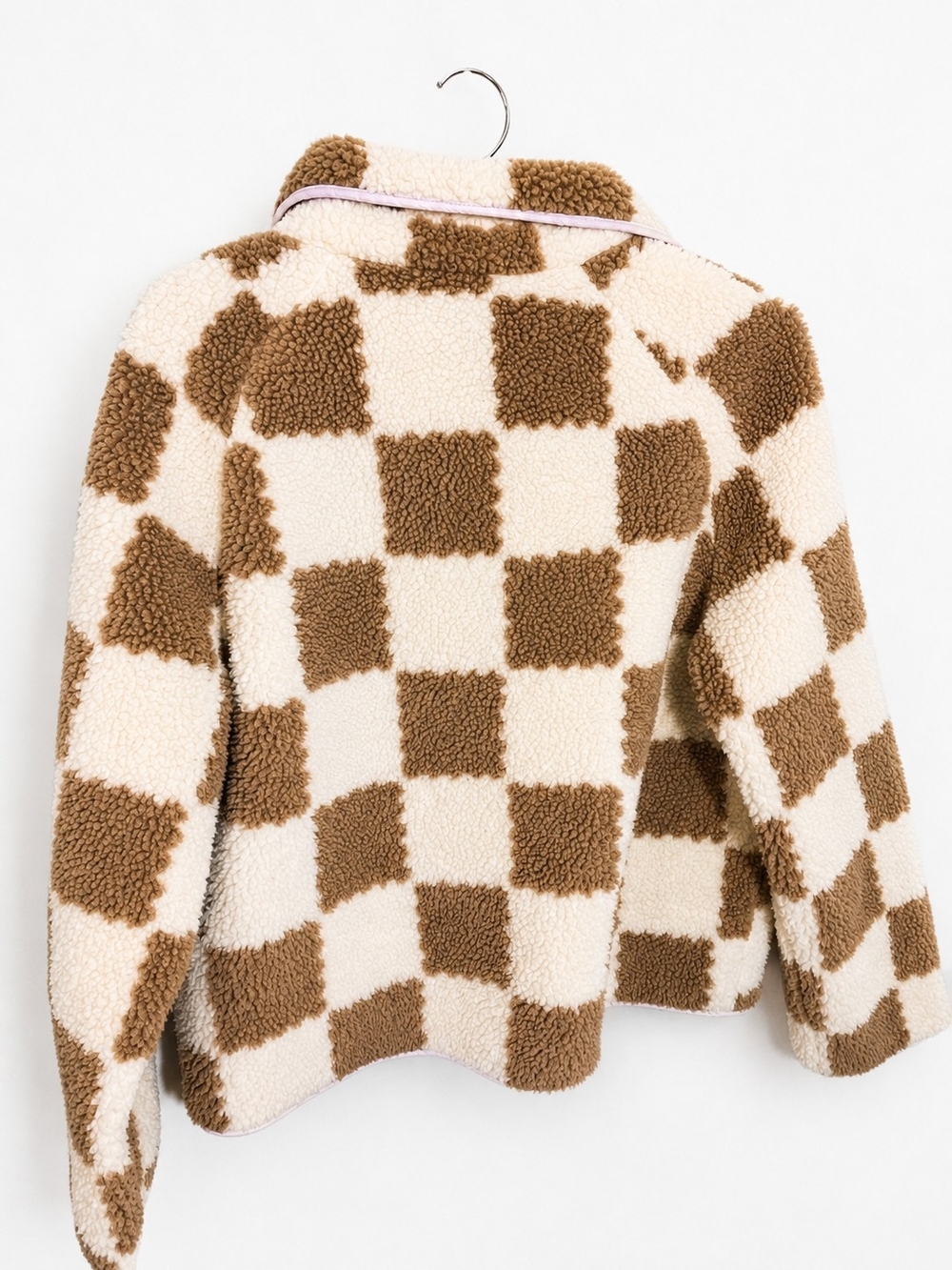 Gilipur Women’s Brown Cream Checkered Sherpa Fleece Jacket Teddy Coat Y2K - Picture 7 of 7